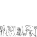 Cutlery line art background. One line drawing of different kitchen utensils. Vector Royalty Free Stock Photo