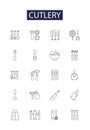 Cutlery line vector icons and signs. Forks, Spoons, Chopping, Spatula, Skewers, Ladle, Tongs, Carving outline vector Royalty Free Stock Photo