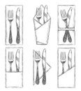 Cutlery on napkins set sketch Royalty Free Stock Photo
