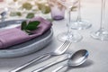 Cutlery, plate and napkin on light background, closeup Royalty Free Stock Photo