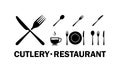 Cutlery in restaurant icon set in black. Knife, fork, spoon, cup, plate. Vector on isolated white background. EPS 10 Royalty Free Stock Photo