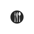 Cutlery round icon knife, fork, spoon on a plate black and white logo for fast food dining Royalty Free Stock Photo