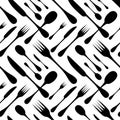 Cutlery seamless vector pattern. Silverware hand implements - spoon, knife and fork black silhouettes on white