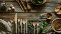 Cutlery set for food in kitchen, setting for cooking menu Royalty Free Stock Photo