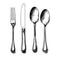 Cutlery set fork, spoon, knife, table setting, hand drawn vector illustration realistic sketch Royalty Free Stock Photo