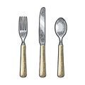 Cutlery set with knifes, spoon and fork. Vector vintage engraving