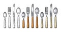 Cutlery set with knifes, spoons and fork. Vector vintage engraving Royalty Free Stock Photo