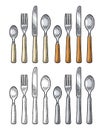 Cutlery set with knifes, spoons and fork. Vector vintage engraving Royalty Free Stock Photo