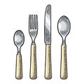 Cutlery set with knifes, spoons and fork. Vector vintage Royalty Free Stock Photo