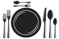 Plate, fork, spoon, and knife vector silhouette. Cutlery set Royalty Free Stock Photo