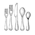 Cutlery set with spoons, forks and knife, top view.Vector sketch illustration. Royalty Free Stock Photo