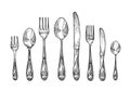 Cutlery set spoons, forks and knifes, top view. Sketch vector illustration Royalty Free Stock Photo