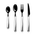 Cutlery set teaspoon, spoon, fork and knife in black isolated on white background. Tableware, top view. Vector Royalty Free Stock Photo