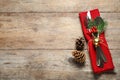 Cutlery set on wooden table, top view. Christmas celebration Royalty Free Stock Photo