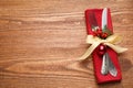 Cutlery set on wooden table, top view . Christmas celebration Royalty Free Stock Photo