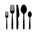 Cutlery silhouettes. Spoons, knife and forks. Dinner service collection, Silhouette of cutlery. Vector illustration. Royalty Free Stock Photo