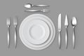 Cutlery Silver Forks Spoons and Knifes with Plates. Table Setting