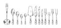 Cutlery sketch. Tableware for restaurant food. Forks, knives and spoons. Utensil collection. Bistro or cooking menu