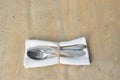 Cutlery suitable for dining. Knife, fork, spoon. On a wooden board. Suitable as a background. Royalty Free Stock Photo