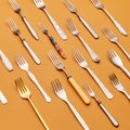 Cutlery. Top view of variety of stainless steel, silver and golden forks symmetrically arranged against orange studio