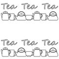 Cutlery vector border. Kettle, tea cups. Tea lettering. Horizontal stripe