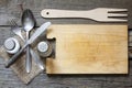Cutlery and vintage empty cutting board Royalty Free Stock Photo