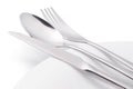 Cutlery on white empty plate isolated with clipping path Royalty Free Stock Photo