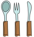 Cutlery with a wooden handle: spoon, fork, knife. Vector illustration isolated on white Royalty Free Stock Photo