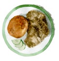 Cutlet and buckwheat with cucumber on a plate with a green border. Watercolor illustration isolated on white background