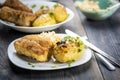 Cutlet cordon bleu and hasselback potatoes