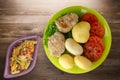 Cutlet with potatoes on lime plate top view Royalty Free Stock Photo