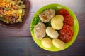 Cutlet with potatoes on lime plate top view Royalty Free Stock Photo