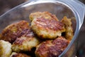 Cutlets. Chicken cutlets. Fried cutlets. Cutlets in the pot. Proper nutrition. Cooking Delicious burgers. Glass pan with meatballs