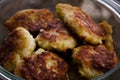 Cutlets. Chicken cutlets. Fried cutlets. Cutlets in the pot. Proper nutrition. Cooking Delicious burgers. Glass pan with meatballs Royalty Free Stock Photo