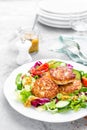 Cutlets and fresh vegetable salad on white plate. Fried meatballs with vegetable salad Royalty Free Stock Photo