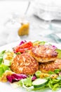 Cutlets and fresh vegetable salad on white plate. Fried meatballs with vegetable salad