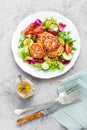 Cutlets and fresh vegetable salad on white plate. Fried meatballs with vegetable salad Royalty Free Stock Photo