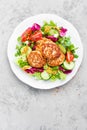 Cutlets and fresh vegetable salad on white plate. Fried meatballs with vegetable salad Royalty Free Stock Photo