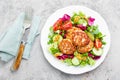 Cutlets and fresh vegetable salad on white plate. Fried meatballs with vegetable salad Royalty Free Stock Photo