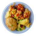 Cutlets with potatoes and stewed tomatoes.