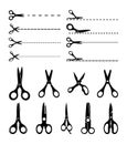 Cutoff scissors. Cut tools and cutting lines black signs isolated on white cutout dots marks for marking discount coupon