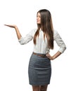 Cutout female model standing raised her hand to present something