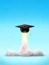 Cut-out object shot of a graduation cap rocket launch isolated on a blue background