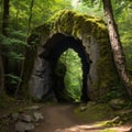 Cutout natural rock arch in the forest. Stone arch isolated on white background. Cave entrance made of old Royalty Free Stock Photo