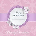 Cutout paper round label with ornamental frame and 3d snowflakes on the soft pink winter background with snowflake silhouettes. Royalty Free Stock Photo