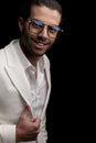 cutout picture of happy young man with glasses making thumbs up sign