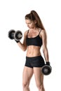 Cutout portrait of muscular young woman lifting a dumbbell for training her biceps Royalty Free Stock Photo