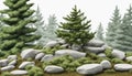 Cutout rock surrounded by fir trees. Garden design isolated on white background. Royalty Free Stock Photo