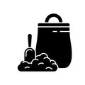 Cutout silhouette bag with handle, scoop and hill. Black illustration of litter toilet, pet food, gardening soil, building Royalty Free Stock Photo