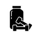 Cutout silhouette Can of sports nutrition and two dumbbells. Outline icon of muscle building protein whey. Black simple